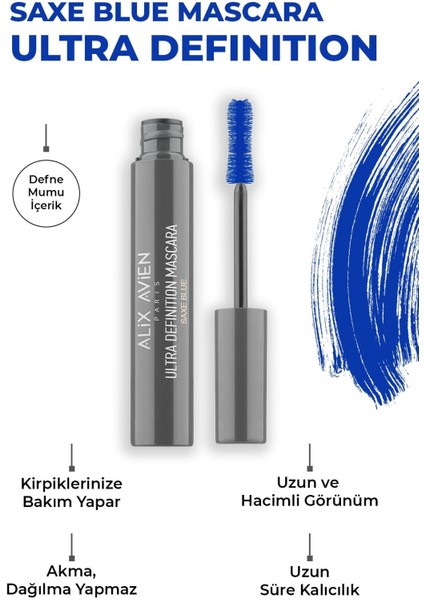 Dolgun Kirpik, Kıvrım ve Hacim Verici Kalıcı Etkili Mavi Maskara - Ultra Definiton Mascara Saxe Blue