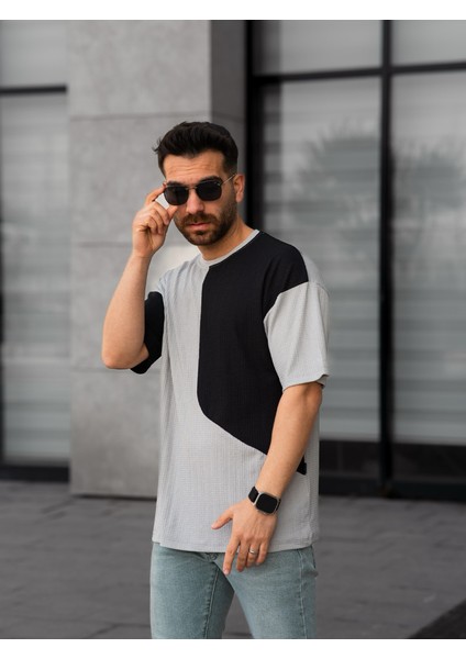 Tişört Erkek Parçalı Desen Regular Fit Bisiklet Yaka Bürümcük Tshirt Erkek T-Shirt fırsatları