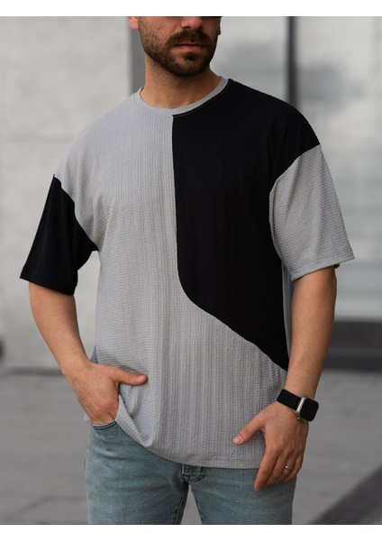 Tişört Erkek Parçalı Desen Regular Fit Bisiklet Yaka Bürümcük Tshirt Erkek T-Shirt indirimleri