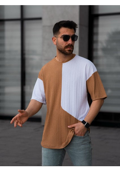 Tişört Erkek Parçalı Desen Regular Fit Bisiklet Yaka Bürümcük Tshirt Erkek T-Shirt