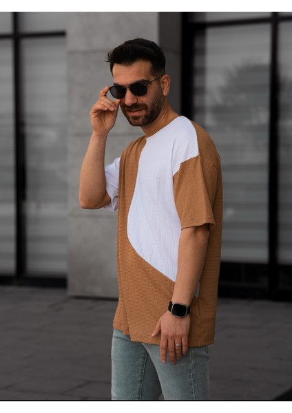 Tişört Erkek Parçalı Desen Regular Fit Bisiklet Yaka Bürümcük Tshirt Erkek T-Shirt fırsatları