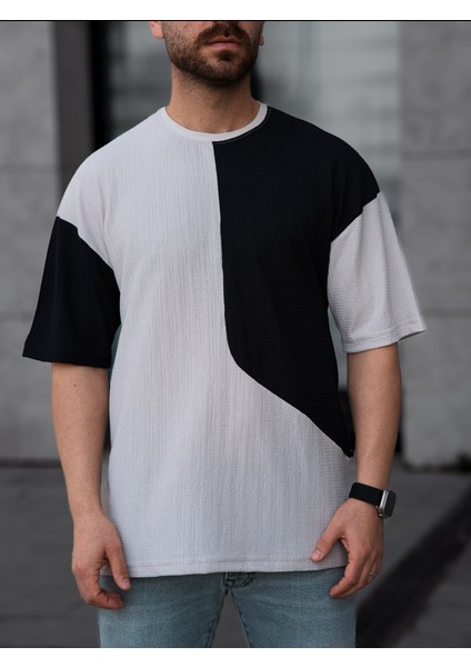 Tişört Erkek Parçalı Desen Regular Fit Bisiklet Yaka Bürümcük Tshirt Erkek T-Shirt fırsatları