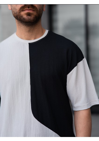 Tişört Erkek Parçalı Desen Regular Fit Bisiklet Yaka Bürümcük Tshirt Erkek T-Shirt indirimleri