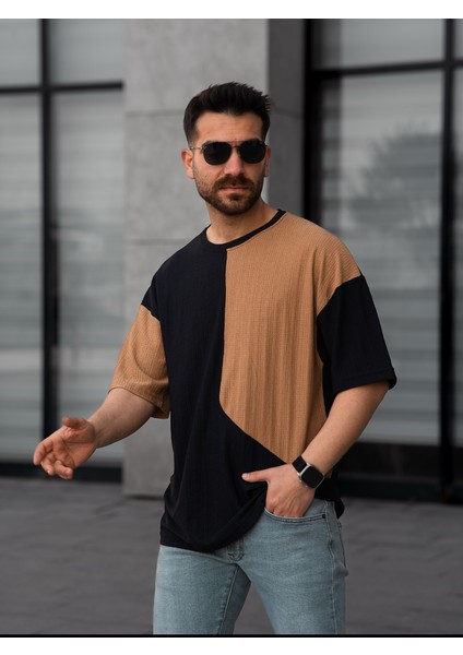 Tişört Erkek Parçalı Desen Regular Fit Bisiklet Yaka Bürümcük Tshirt Erkek T-Shirt