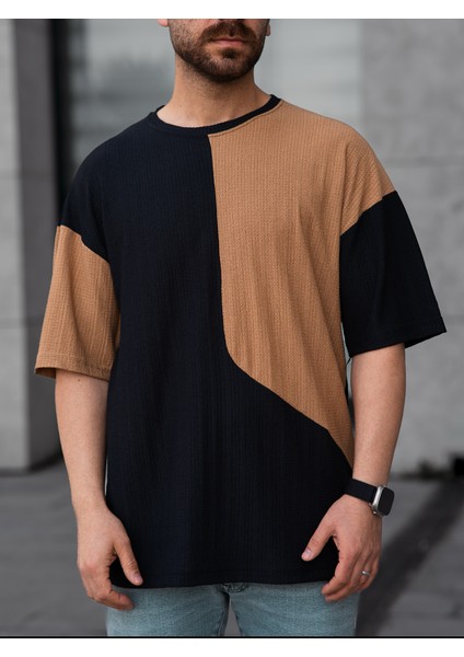 Tişört Erkek Parçalı Desen Regular Fit Bisiklet Yaka Bürümcük Tshirt Erkek T-Shirt fırsatları
