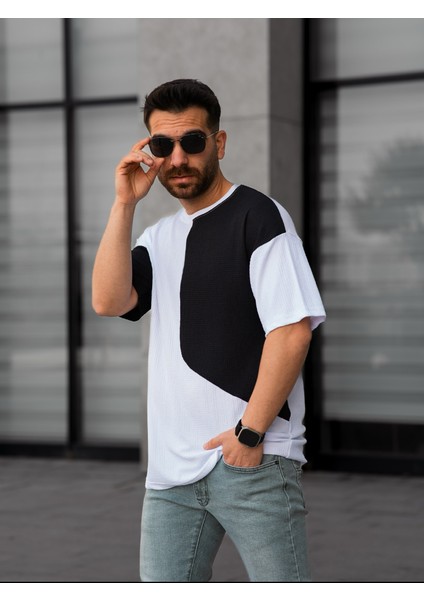 Tişört Erkek Parçalı Desen Regular Fit Bisiklet Yaka Bürümcük Tshirt Erkek T-Shirt