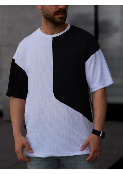 Tişört Erkek Parçalı Desen Regular Fit Bisiklet Yaka Bürümcük Tshirt Erkek T-Shirt fırsatları