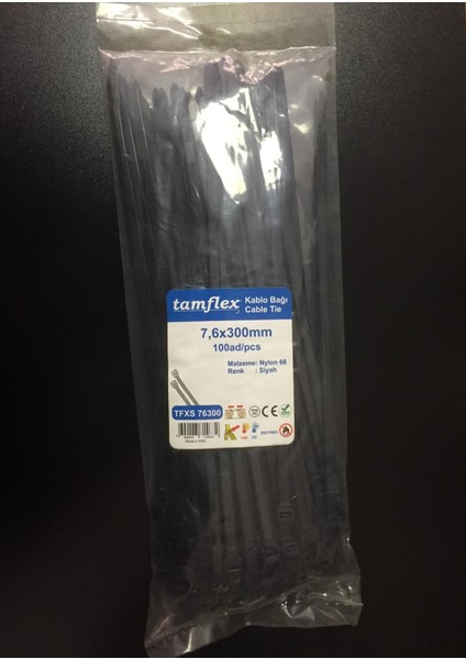 7.6 x 300 mm (30 cm) Siyah Renk Kablo Bağı Cırt Kelepçe 100 Adet