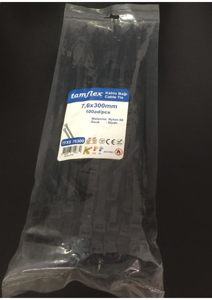 7.6 x 300 mm (30 cm) Siyah Renk Kablo Bağı Cırt Kelepçe 100 Adet