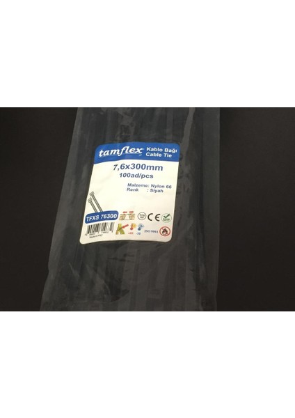 7.6 x 300 mm (30 cm) Siyah Renk Kablo Bağı Cırt Kelepçe 100 Adet
