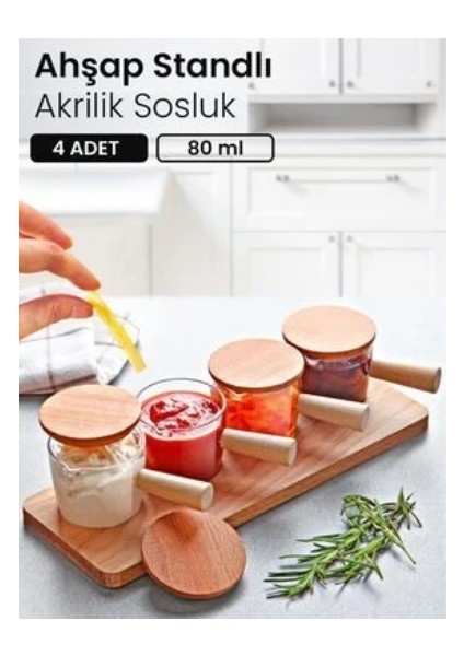 4 Adet Ahşap Kapaklı Standlı Reçellik Sosluk Sofra Sunum Kahvaltı Seti 80 ml