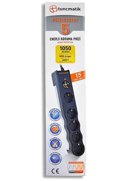 Tunçmatik Beşli Enerji Akım Korumalı Priz Powersurge 5'li 1,5 mt Kablolu modelleri