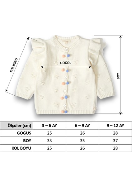 Patıque Kıds – Organik Pamuk - Ekru Fırfırlı Kız Bebek Triko Tasarım Hırka (3-6-9-12 Ay)