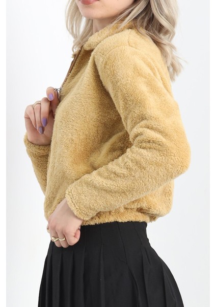 Fermuarlı Crop Peluş Sweat Camel - 9060.1153.