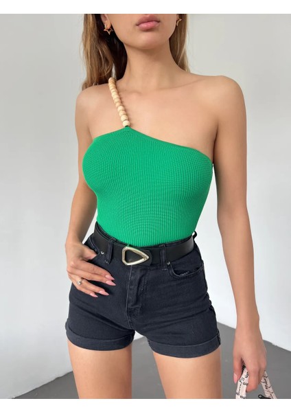 Ahşap Boncuk Detaylı Askılı Triko Bluz Yeşil - DF2303