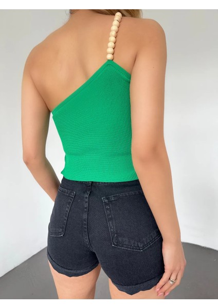Ahşap Boncuk Detaylı Askılı Triko Bluz Yeşil - DF2303