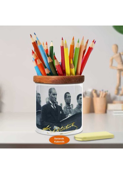 Mustafa Kemal Atatürk Ahşap Seramik Kalemlik -S355