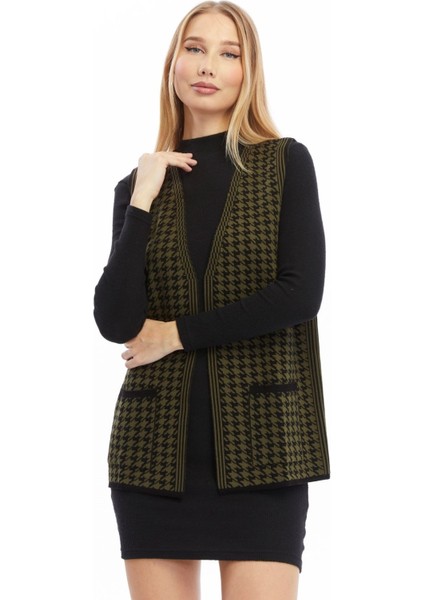 Kadın Kazayağı Desen Triko Çift Cepli Yelek