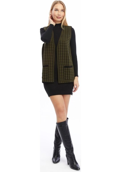 Kadın Kazayağı Desen Triko Çift Cepli Yelek fiyatları