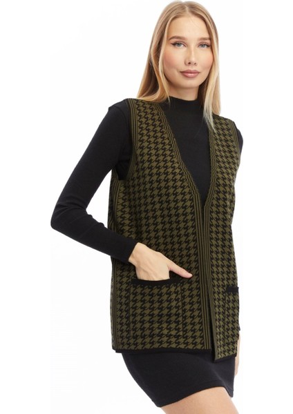 Kadın Kazayağı Desen Triko Çift Cepli Yelek modelleri