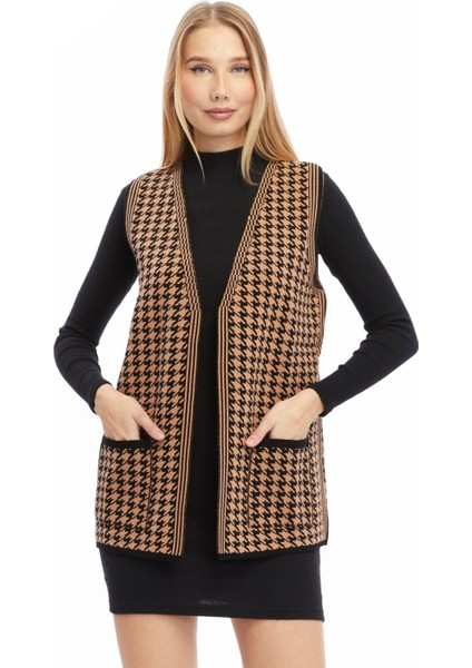 Kadın Kazayağı Desen Triko Çift Cepli Yelek