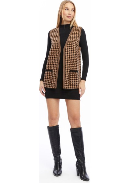 Kadın Kazayağı Desen Triko Çift Cepli Yelek fiyatları