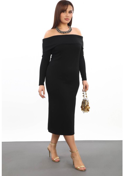 Carmen Yaka Oyshokumaş Büyük Beden Elbise Siyah