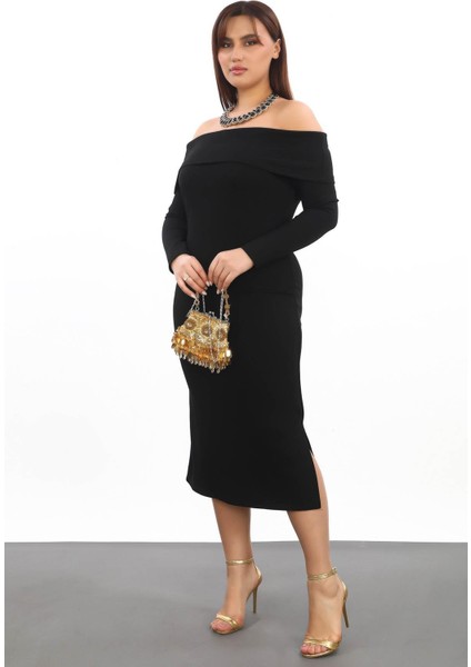 Carmen Yaka Oyshokumaş Büyük Beden Elbise Siyah fırsatları