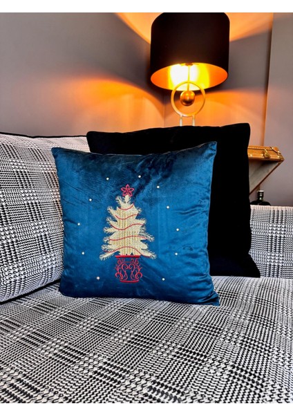 Yılbaşı Ağacı Nakış Işlemeli Kırlent Kılıfı Lacivert modelleri