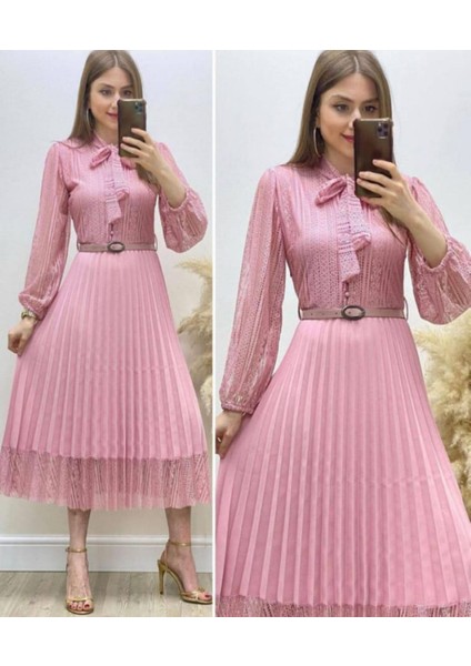 Pembe Flarlı Dantel Detaylı Piliseli Etekli Elbise