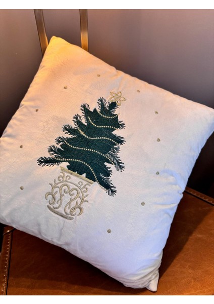 Yılbaşı Ağacı Nakış Işlemeli Kırlent Kılıfı Ekru modelleri