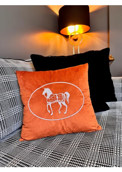 Atlı Model Nakış Işlemeli Kırlent Kılıfı Kiremit - Gold fiyatları