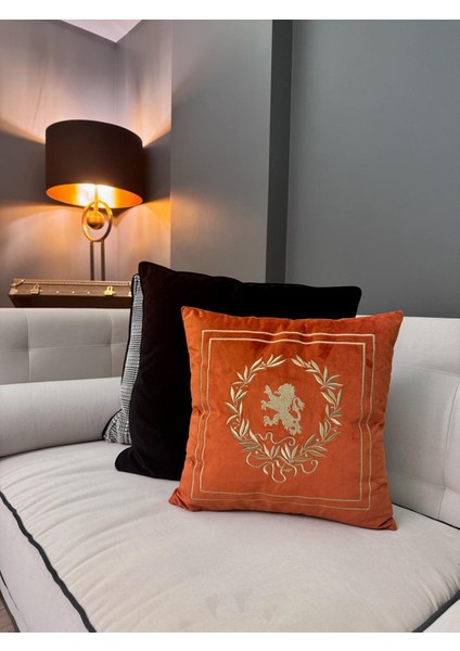 Kraliyet Aslanı Sembolü Nakışlı Kırlent Kılıfı Kiremit - Gold