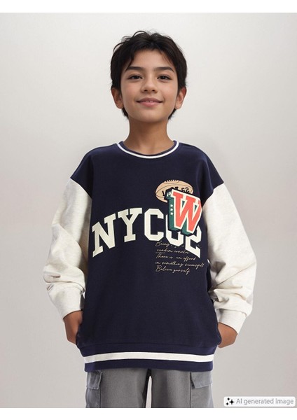 Lacivert Bisiklet Yaka Baskılı Erkek Çocuk Sweatshirt