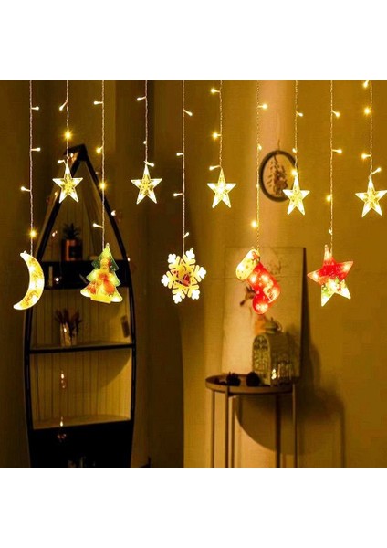 Vıp Deluxe 3 Metre Yıldızlı Noel Salkım LED Işık LED Çam Ağacı Kar Tanesi Çorap Ay Yıldız Firgürlü