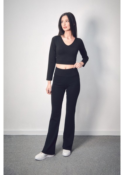 Beli Lastikli Yüksek Bel Flare Pantolon