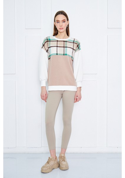 Yumuşak Dokulu Ekose Kadın Sweatshirt 14100 Bej-Ekru modelleri