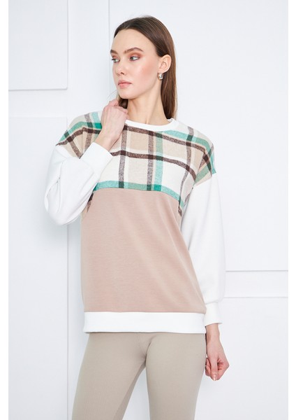 Yumuşak Dokulu Ekose Kadın Sweatshirt 14100 Bej-Ekru fırsatları