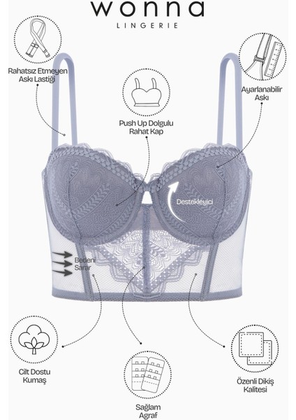 Rosali Dantelli Büstiyer Sütyen Külot Takım - Soft Push Up, Dolgulu - Fashion - 2501 - Gri indirimleri