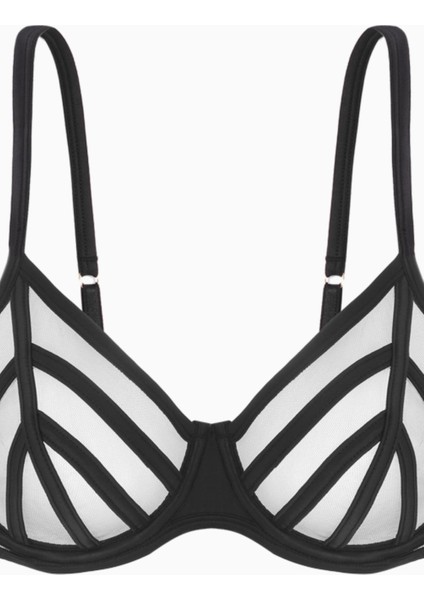 Fashion 2566 Siyah Saten Biyeli Yumuşak Tül Kapsız Sütyen ve Tanga Takımı