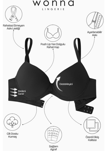 Luna Premium Basic 2222 Siyah Soft Push Up/yarı Dolgulu Mikro Sütyen