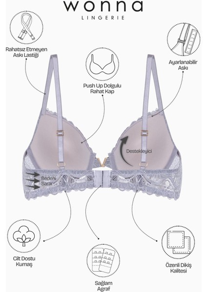 Anna 2568 Gri Gold Rengi Metal Aksesuarlı Push Up Dantelli Sütyen indirimleri