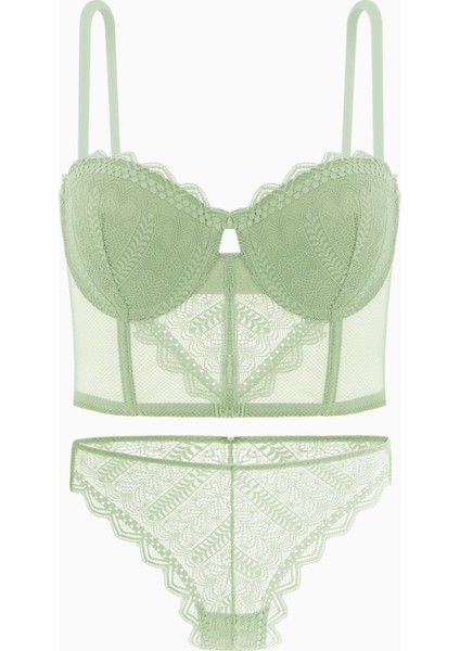 Rosali Dantelli Büstiyer Sütyen Külot Takım - Soft Push Up, Dolgulu - Fashion - 2501 - Yeşil