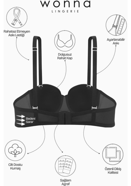 Anka 2540 Siyah Desteksiz Straplez Mikro Basic Sütyen (Tak-Çıkar Askılı)