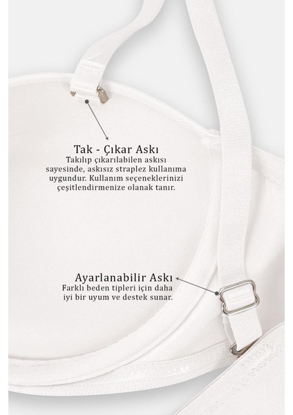 Rosali 2539 Ekru Push Up / Dolgulu Straplez Mikro Basic Sütyen (Tak-Çıkar Askılı)