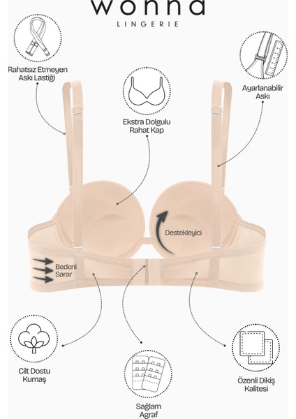 Olympos 2537 Ten Double Push Up / Ekstra Dolgulu Midesiz Straplez Mikro Basic Sütyen