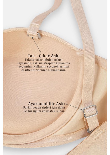 Rosali 2539 Ten Push Up / Dolgulu Straplez Mikro Basic Sütyen (Tak-Çıkar Askılı)