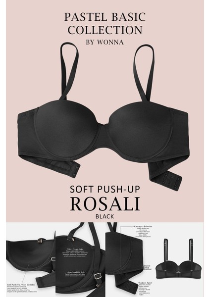 Rosali 2539 Siyah Push Up / Dolgulu Straplez Mikro Basic Sütyen (Tak-Çıkar Askılı)