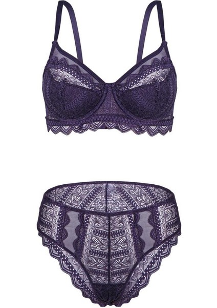 Dantelli Minimizer Sütyen Külot Takım - Yarı Sünger Destekli, Balenli - Fashion - 2483 - Mor