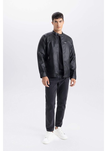 Su İtici Slim Fit Dar Kesim Dik Yaka Fermuarlı Suni Deri Mont D6241AX25SP